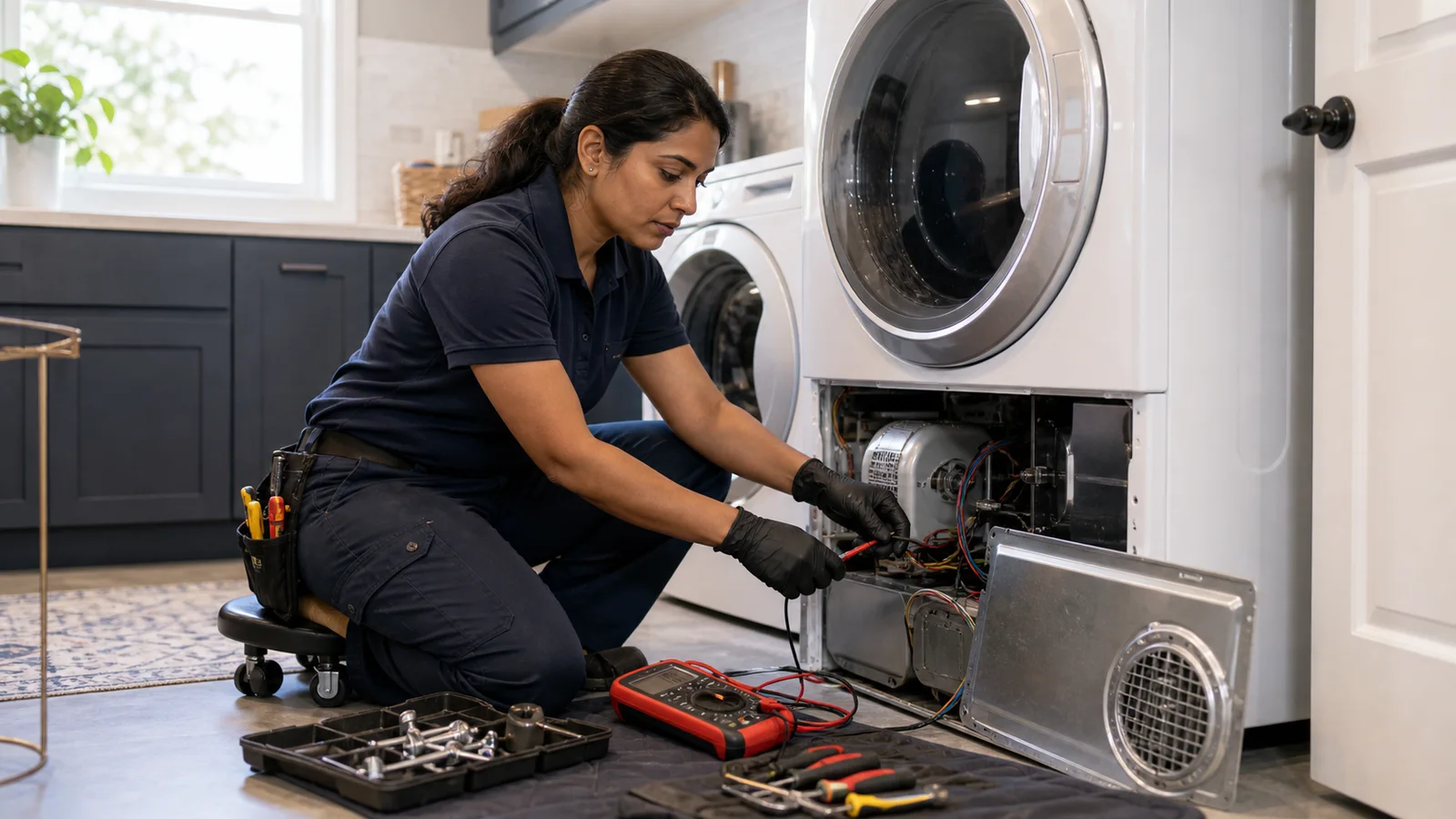Appliance repair technician inspecting an opened dryer panel in a clean laundry room.
