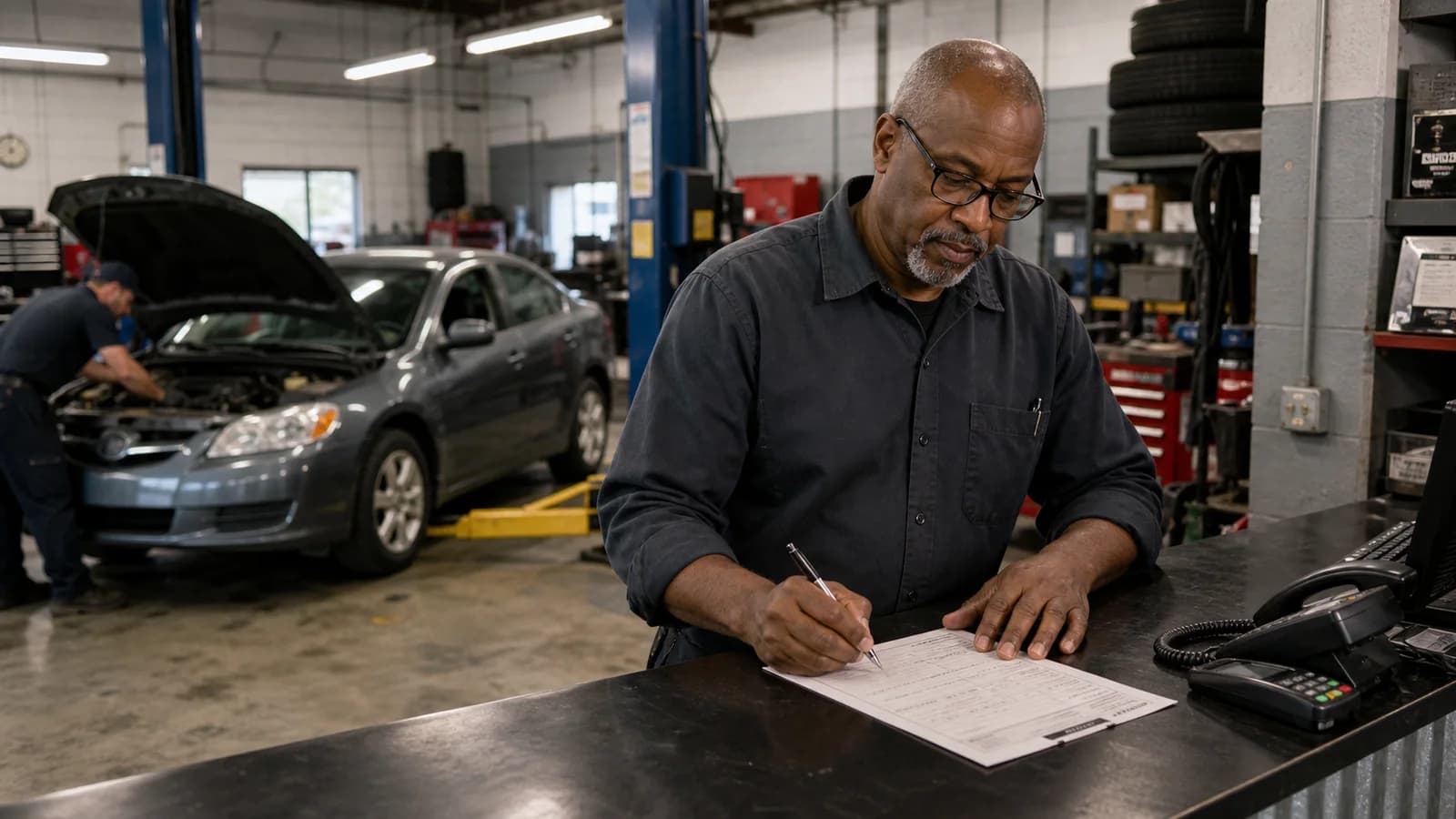 Auto repair service advisor writing a repair order while a mechanic works in the bay.