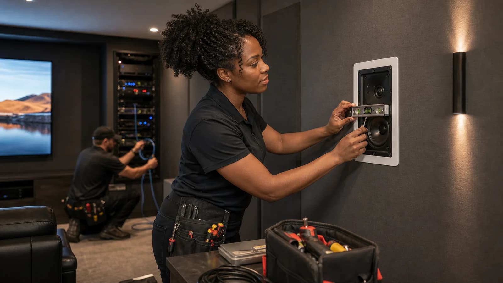 Smart home automation installer adjusting an in-wall control panel in a modern media room.