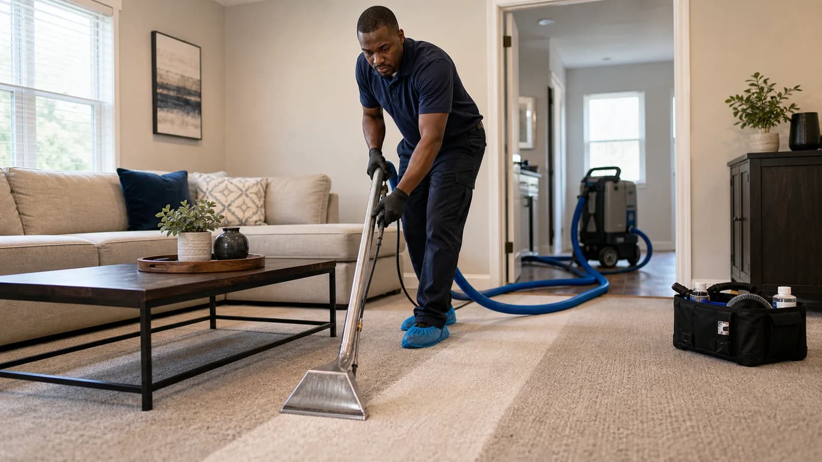Carpet cleaning technician guiding a commercial extractor across a living room carpet.