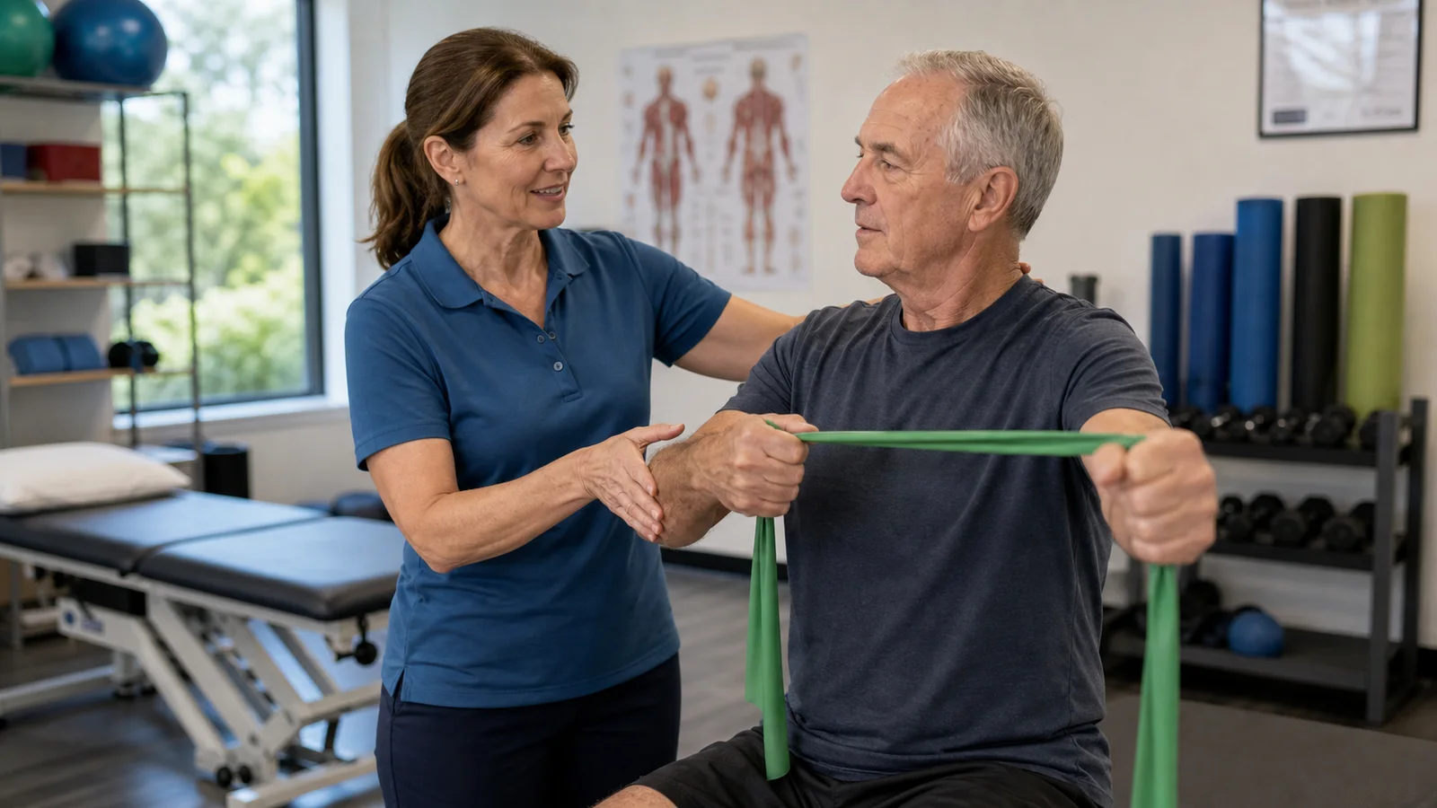 Physical therapist demonstrating a resistance band exercise in a bright rehab clinic.