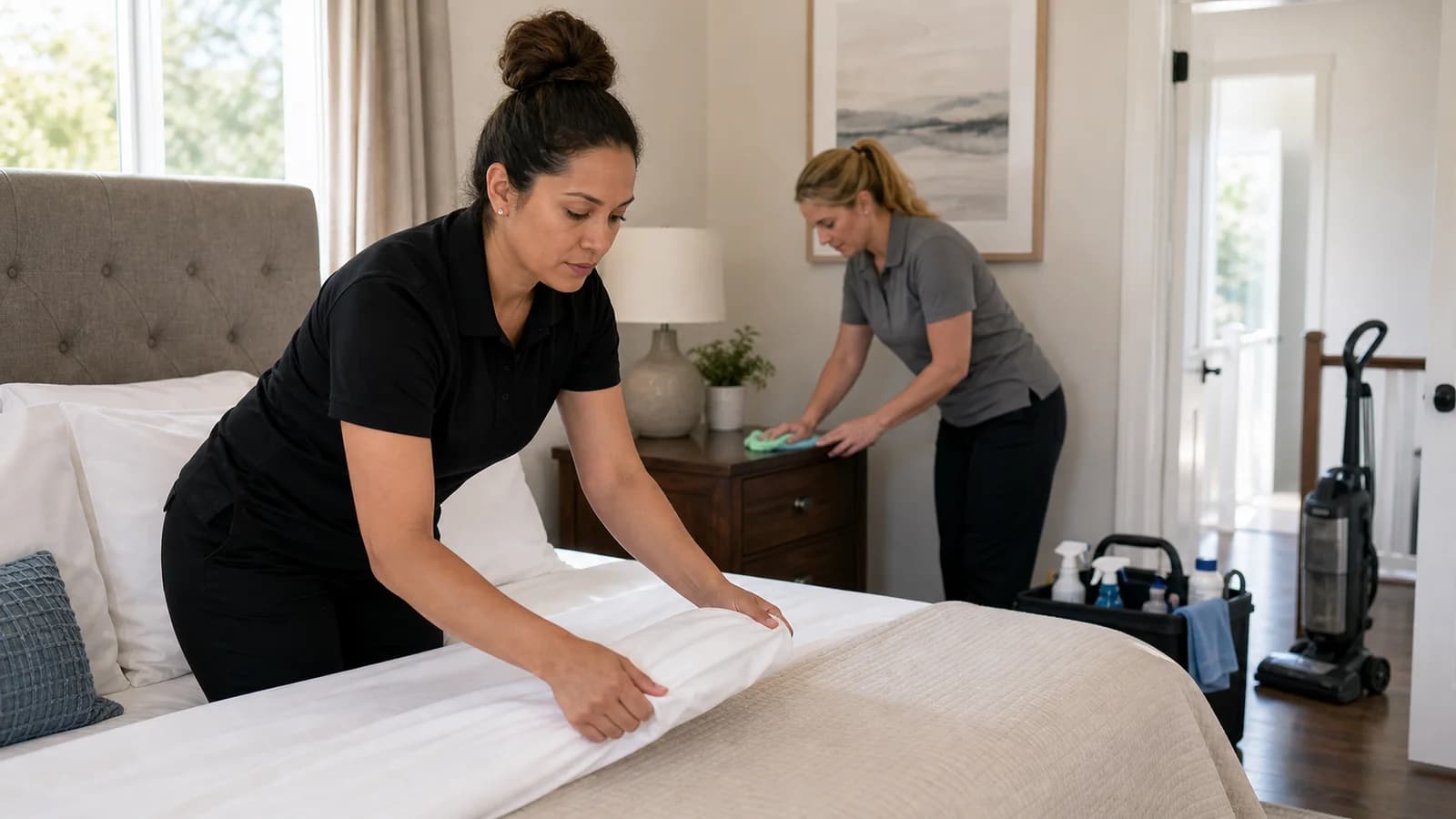 Cleaning company team resetting a sunlit bedroom with supplies and vacuum nearby.