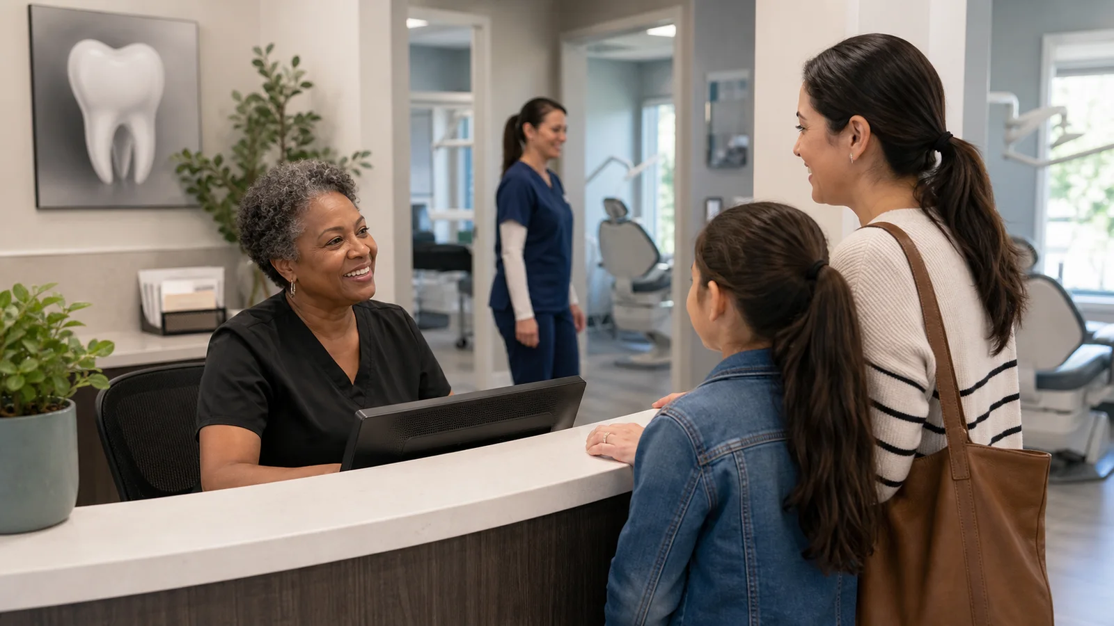 Dental receptionist helping a family at a clean practice front desk.