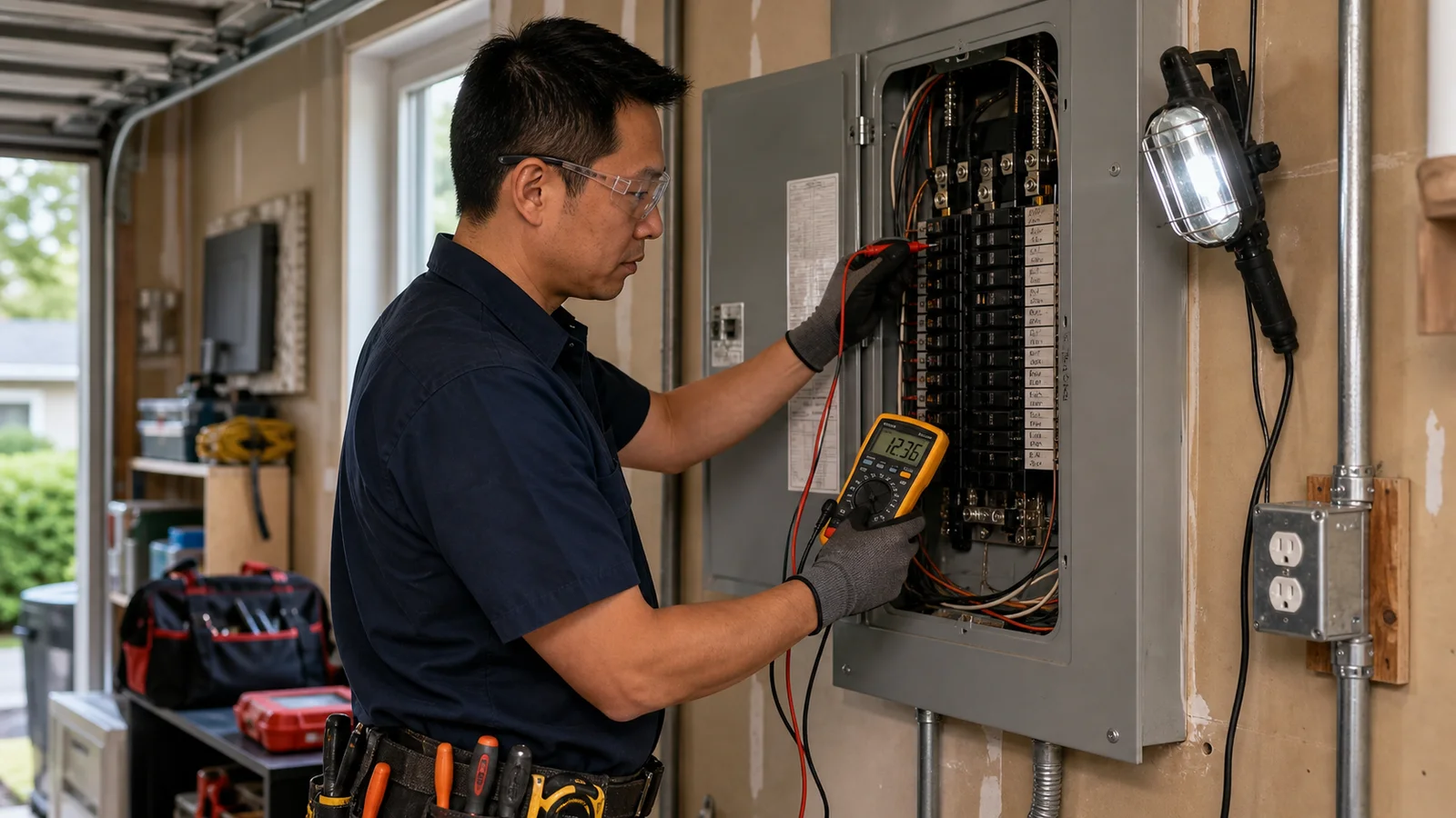 Electrician testing a residential breaker panel with a multimeter.