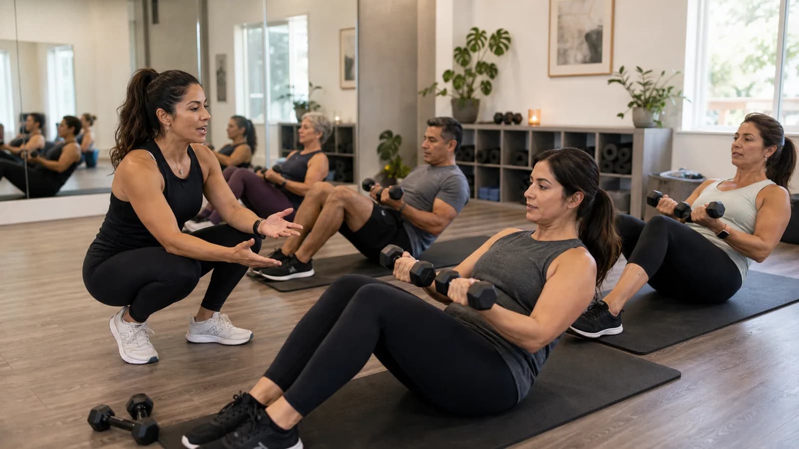 Fitness instructor leading a small group mat class in a boutique studio.