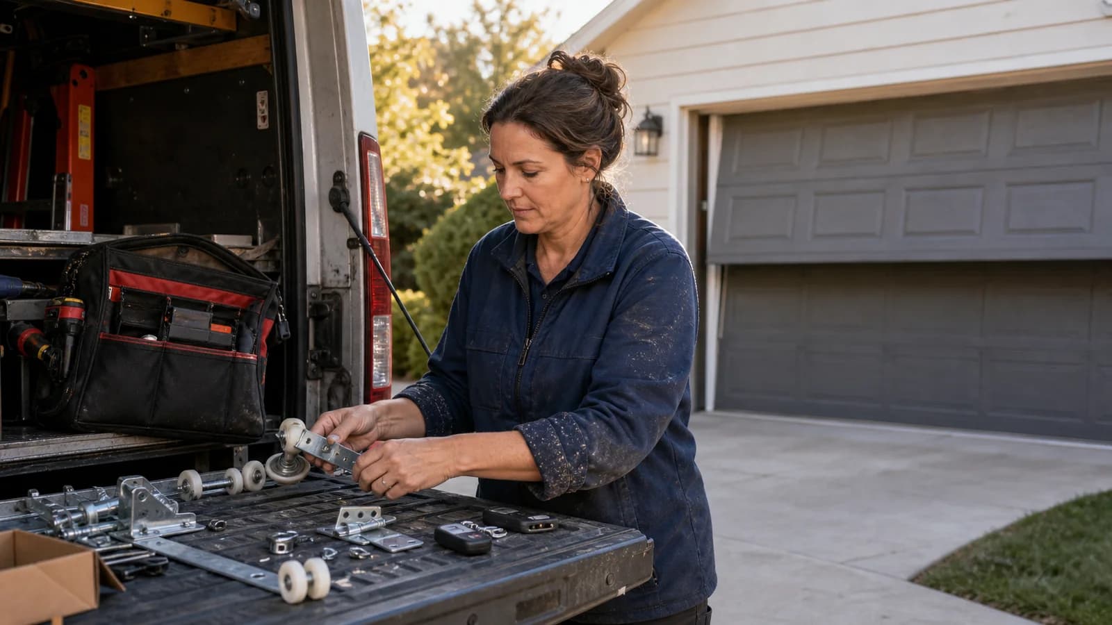 Garage door company owner sorting rollers and hinges on a service truck tailgate.