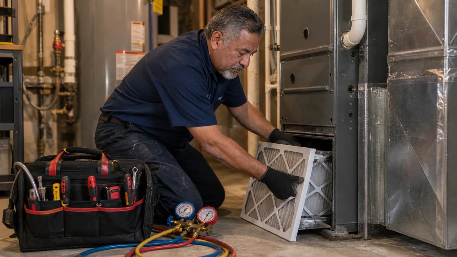HVAC technician replacing a filter beside a furnace in a residential mechanical room.