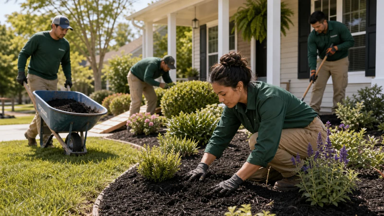 Landscaping crew spreading mulch and trimming shrubs in a residential yard.