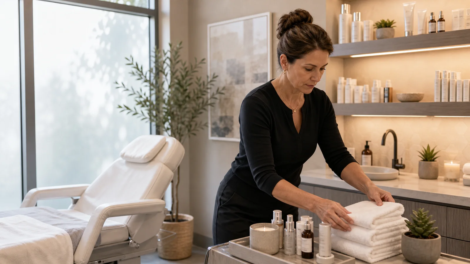 Med spa manager arranging towels and products in a clean treatment room.