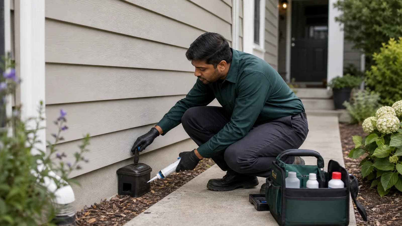 Pest control technician checking a bait station beside a home's exterior foundation.