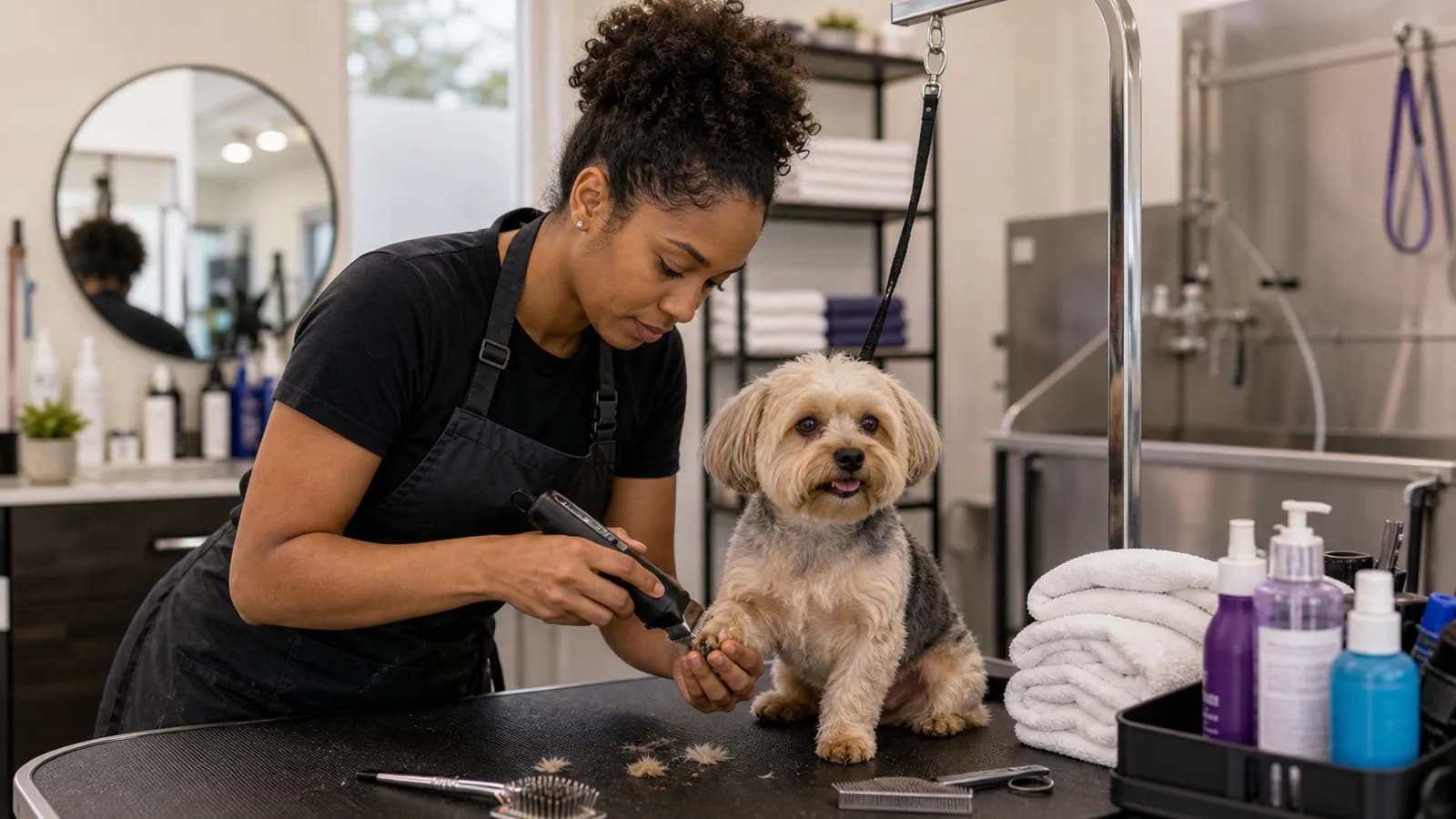 Pet groomer trimming a calm small dog's paws on a grooming table.