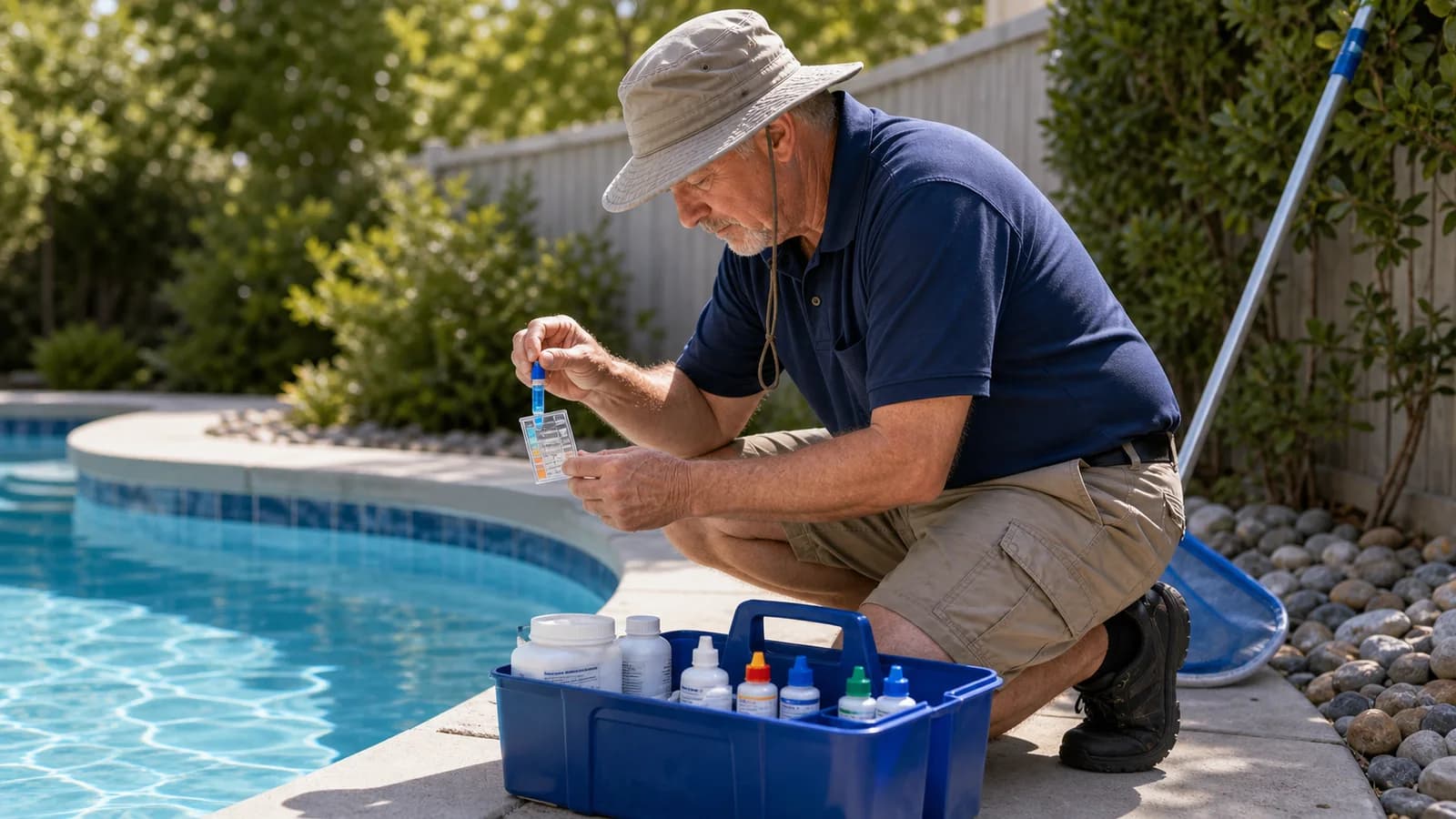 Pool service technician using a water test kit beside a backyard swimming pool.
