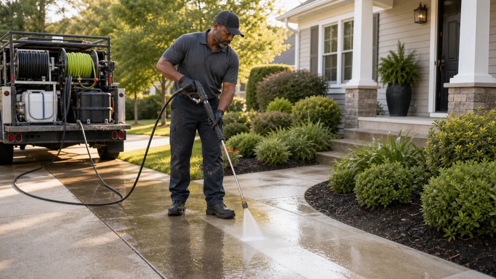 Pressure washing business owner cleaning a residential walkway with a service truck nearby.