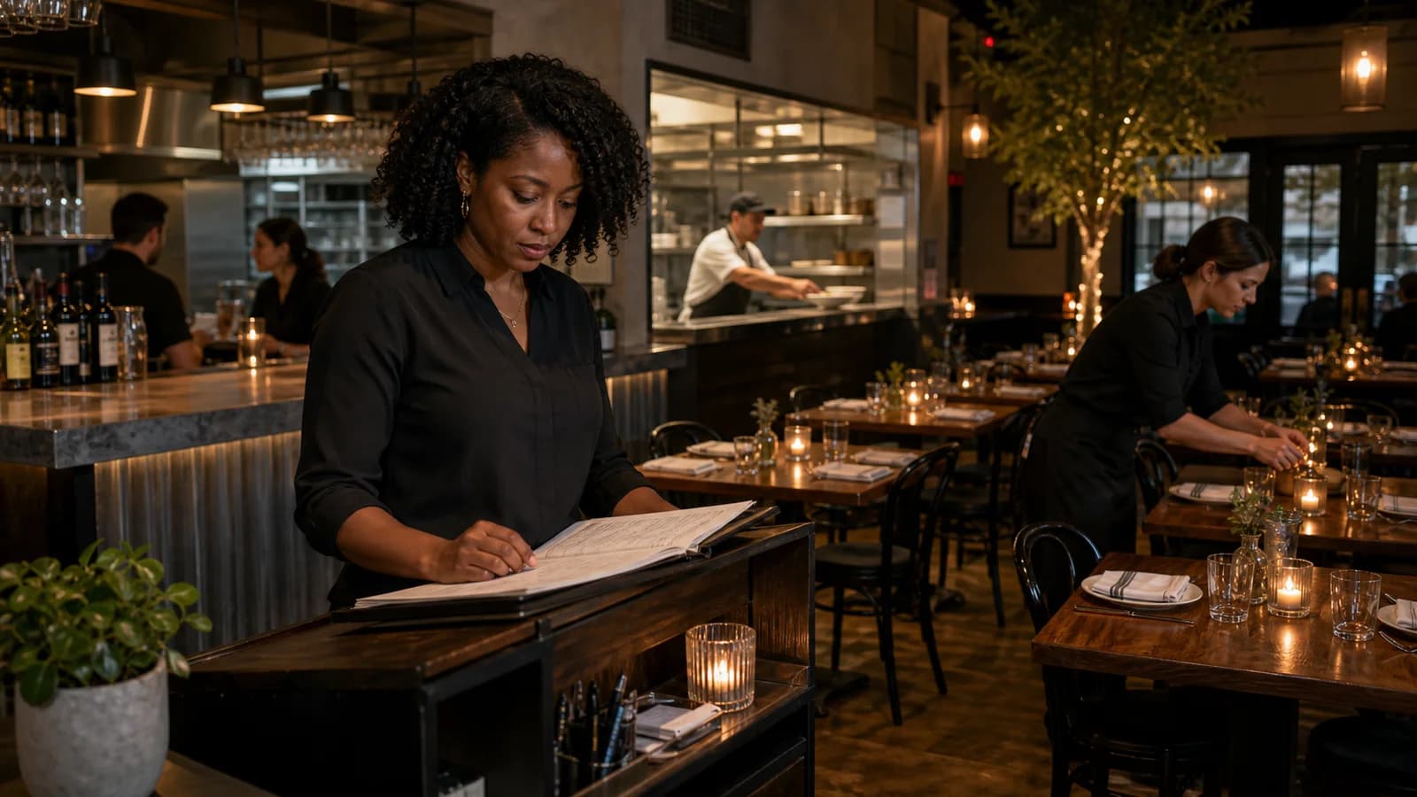 Restaurant manager reviewing reservations while staff prepare the dining room before service.