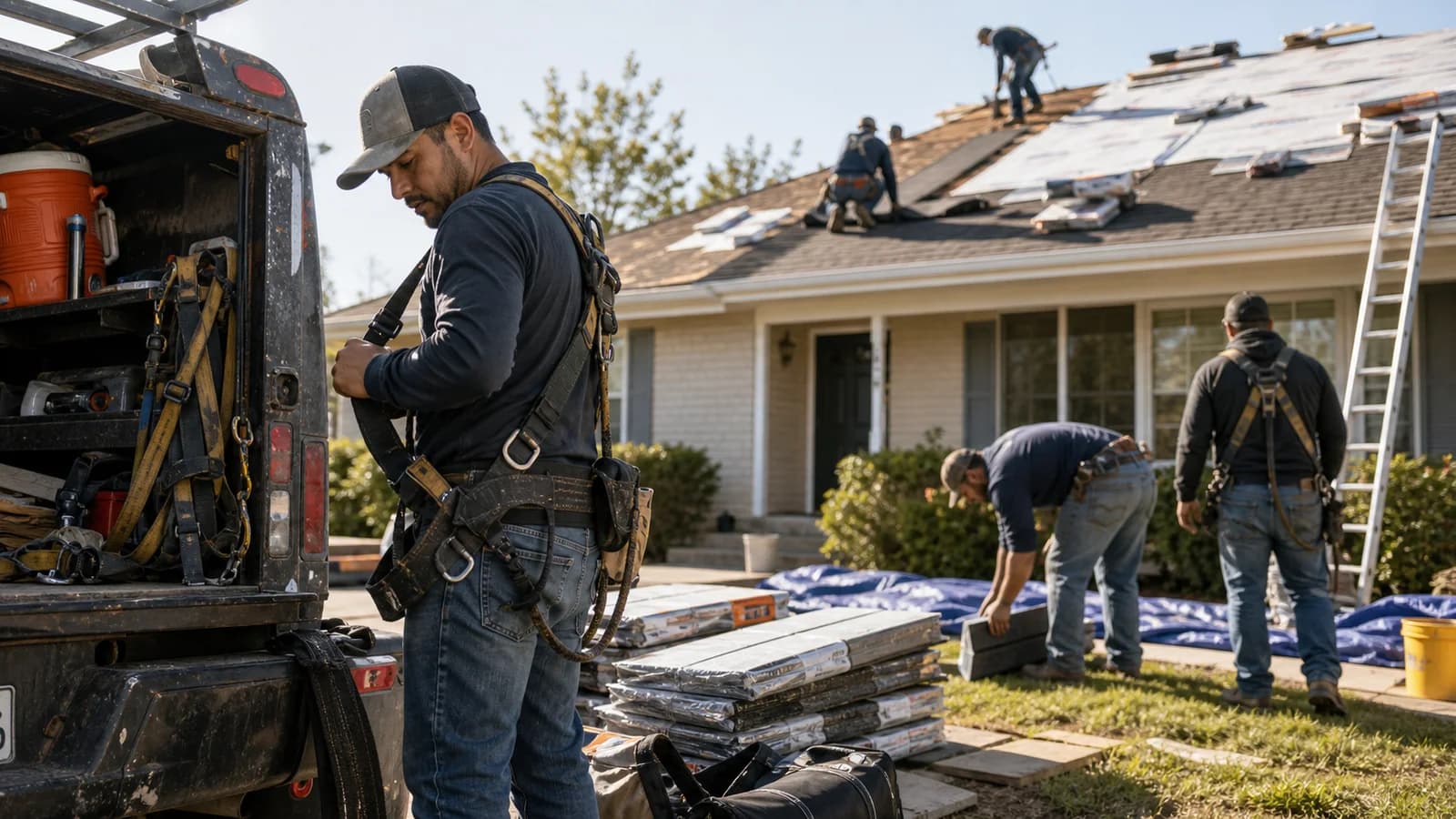 Roofing crew staging shingles and safety gear outside a residential home.