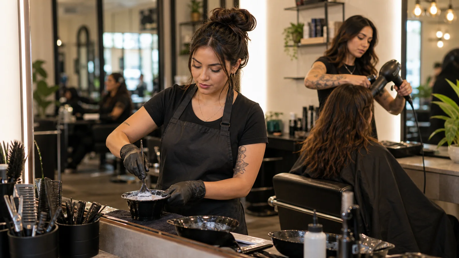 Hair stylist preparing color at a salon station while another stylist works in the background.