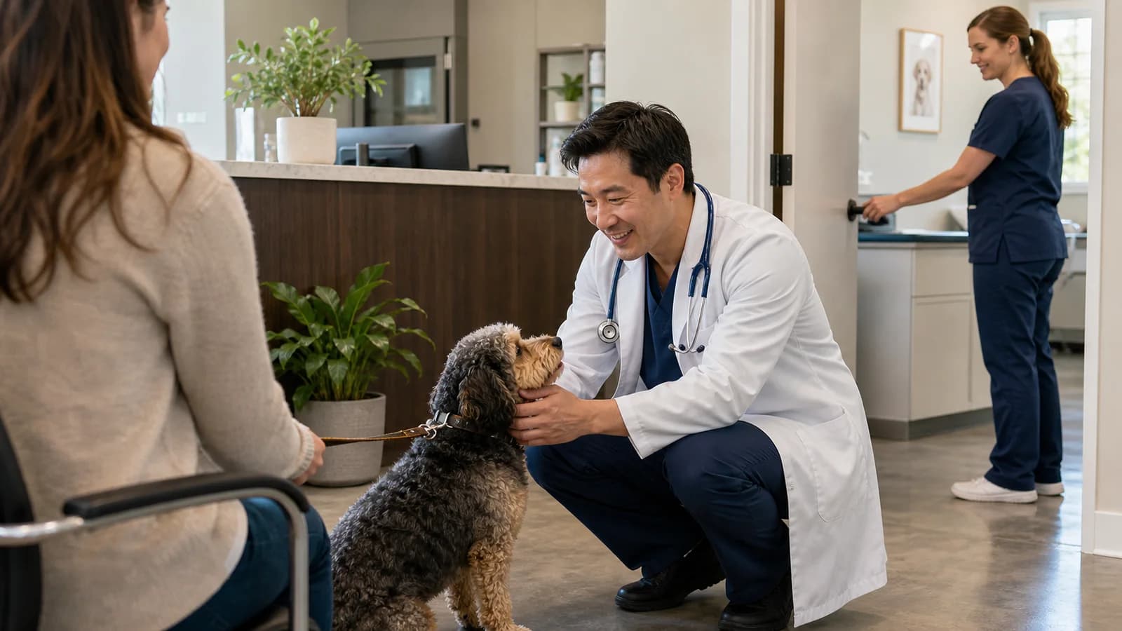 Veterinarian greeting a calm dog near the clinic reception and exam room doorway.