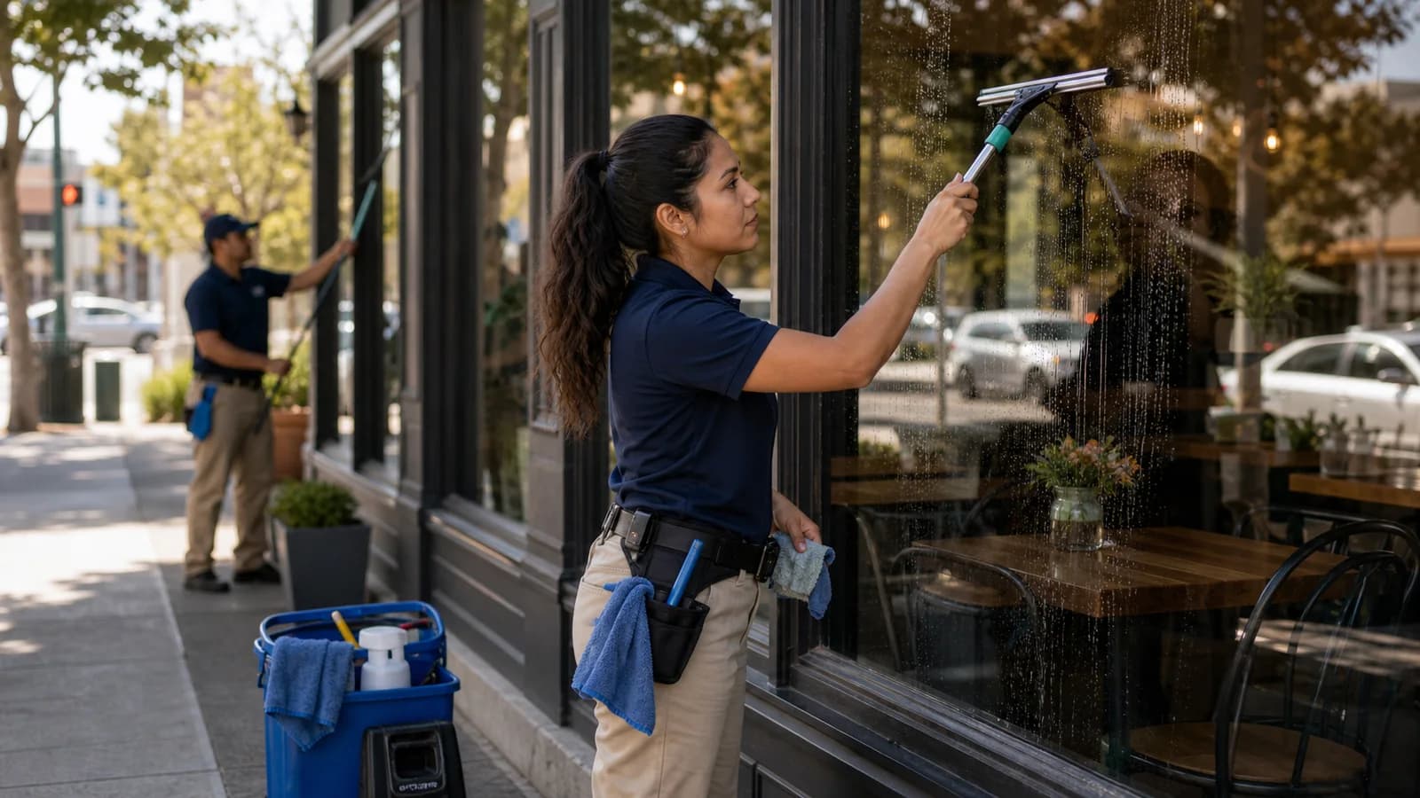Window cleaning technician using a squeegee on ground-level storefront windows.